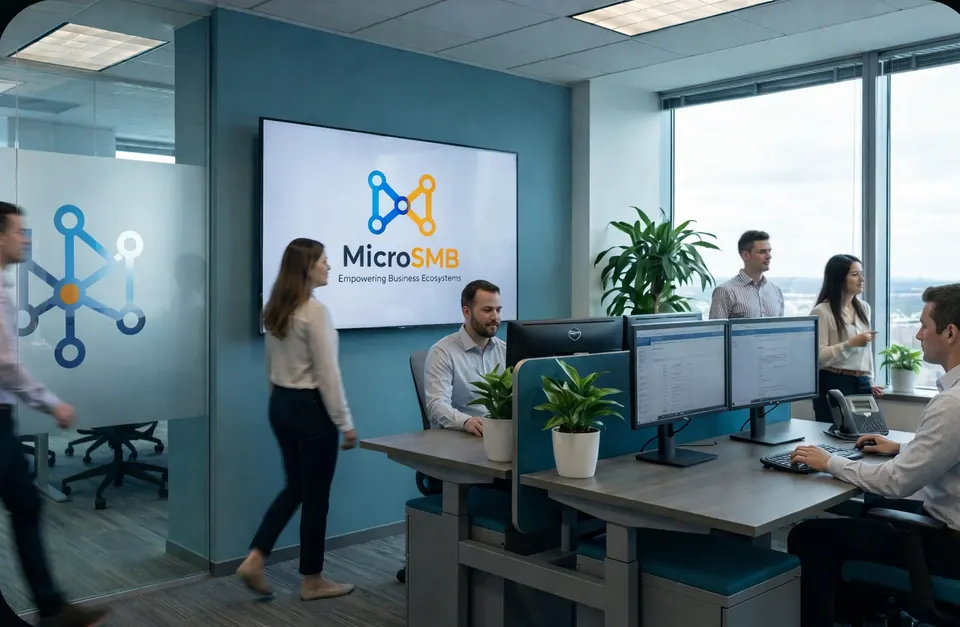 Ilustración de una oficina con el logotipo de Micro SMB en la pantalla